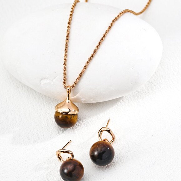 Minimalist Gold & Tiger's Eye Drop Earrings - Picture 6 of 10